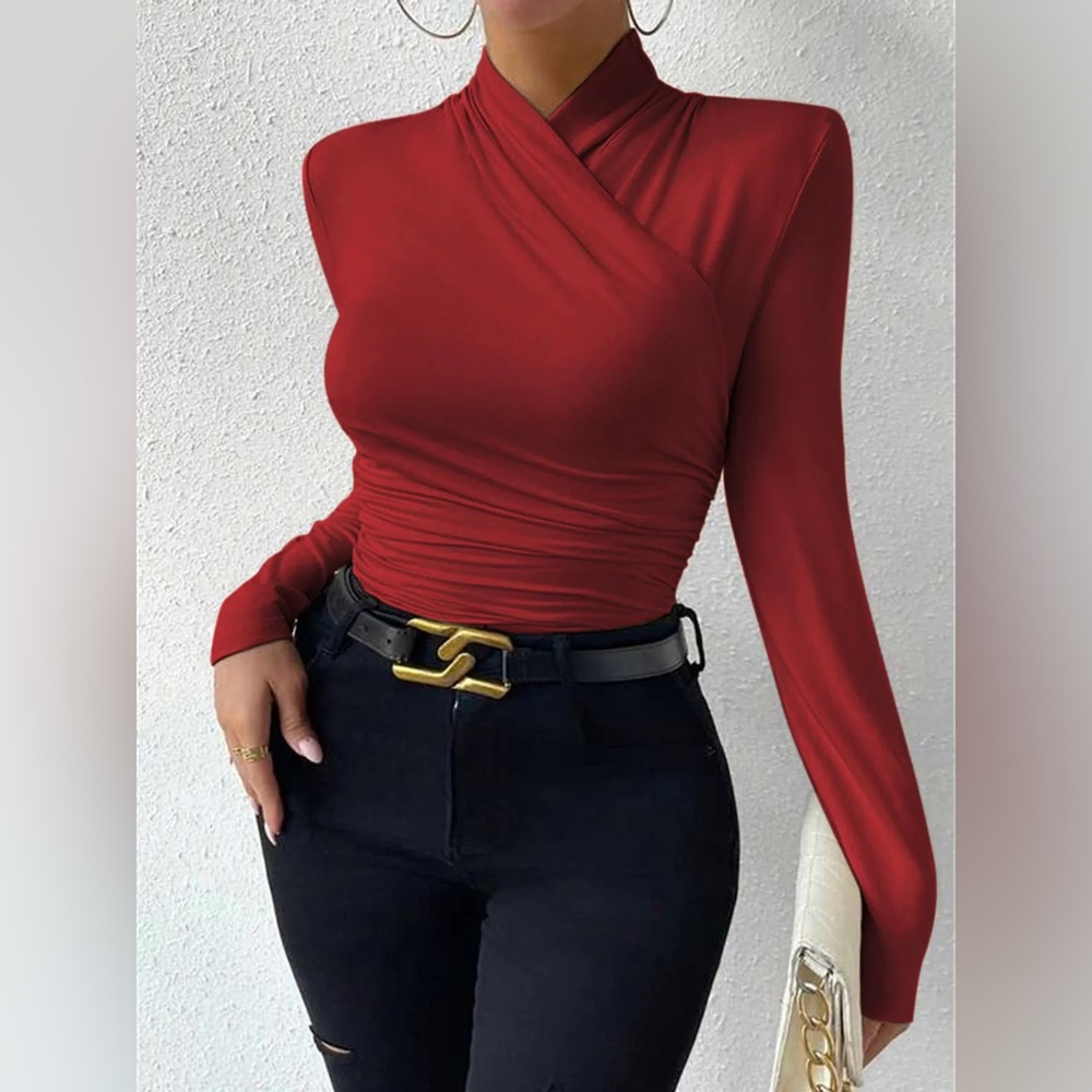 COMMENSE Cross-Over Collar Pleated Cinched T-Shirt - size XSmall